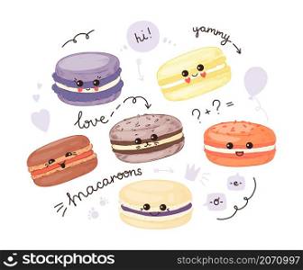 Kawaii macaron. Hand drawn cute French dessert with funny smiling faces. Colorful macaroon bakery sketch. Yummy sweets of almond flour. Cartoon happy biscuit characters. Vector funny meringue food. Kawaii macaron. Hand drawn cute French dessert with funny faces. Colorful macaroon bakery sketch. Yummy sweets of almond flour. Cartoon biscuit characters. Vector funny meringue food