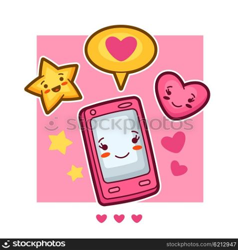 Kawaii mobile phone lovely card. Doodles with pretty facial expression. Kawaii mobile phone lovely card. Doodles with pretty facial expression.