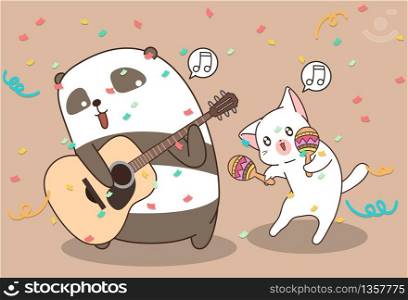 Kawaii panda and cat are playing music instrument