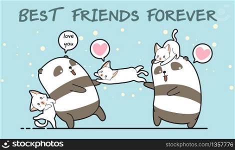 Kawaii panda and cat characters are loving our friendship