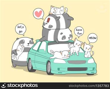 Kawaii panda and cats with car in holiday.