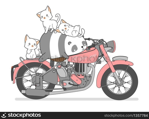 Kawaii panda and cats with motorcycle.