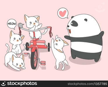 Kawaii panda and cats with tricycle in cartoon style.