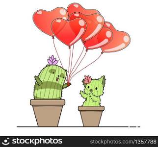 Kawaii panda cactus is holding heart balloons and cat cactus