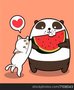 Kawaii panda is eating a watermelon in cartoon style.
