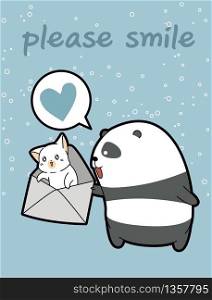 Kawaii panda is holding cat in the envelope