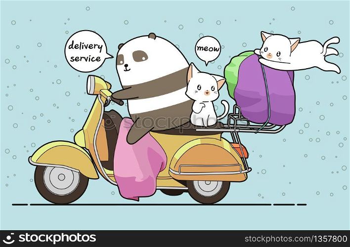 Kawaii panda is riding a motorcycle with 2 cats for delivery service