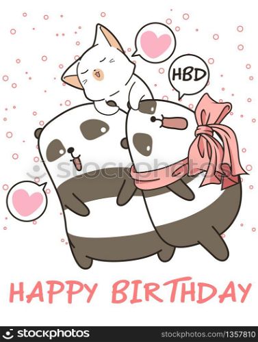 Kawaii pandas and cat are saying happy birthday