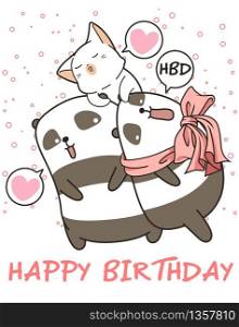 Kawaii pandas and cat are saying happy birthday