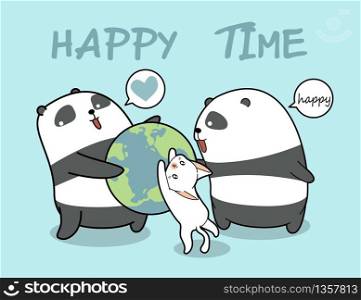 Kawaii pandas and cat loves the world