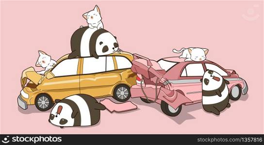 Kawaii pandas and cats in car accident event.