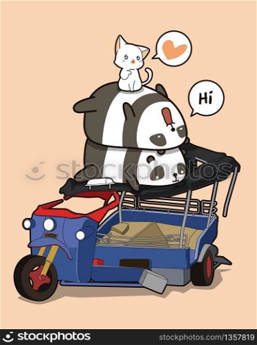 Kawaii pandas and cats with broken motor tricycle
