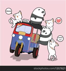 Kawaii pandas and cats with motor tricycle
