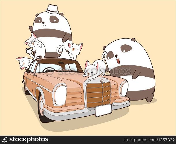 Kawaii pandas and cats with vintage car.