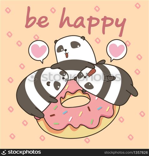 Kawaii pandas character with pink doughnut