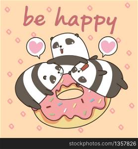 Kawaii pandas character with pink doughnut