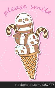 kawaii pandas on ice cream cone