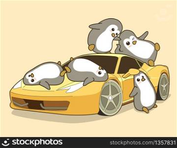 Kawaii penguins and yellow sport car.