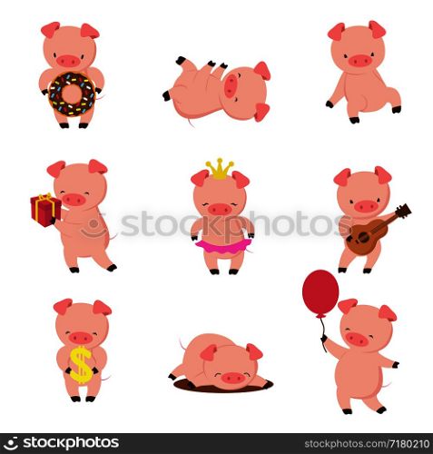 Kawaii pigs. Funny baby pig in mud, piggy eating and running. Cartoon swine vector character. Illustration of piglet adorable, funny pig in puddle. Kawaii pigs. Funny baby pig in mud, piggy eating and running. Cartoon swine vector character