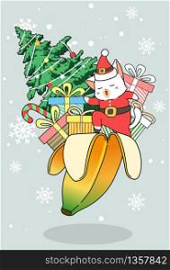 Kawaii Santa cat with gifts and Christmas tree inside banana