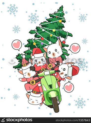 Kawaii Santa cats are riding motorcycle with Christmas tree