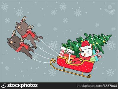 Kawaii Santa cats are riding sleigh vehicle in Christmas day