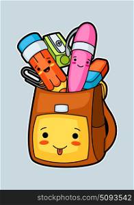 Kawaii school backpack with cute education supplies. Kawaii school backpack with cute education supplies.