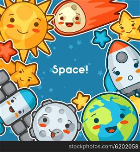 Kawaii space background. Doodles with pretty facial expression. Illustration of cartoon sun, earth, moon, rocket and celestial bodies.