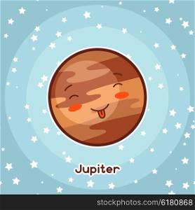 Kawaii space card. Doodle with pretty facial expression. Illustration of cartoon jupiter in starry sky. Kawaii space card. Doodle with pretty facial expression. Illustration of cartoon jupiter in starry sky.