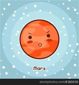 Kawaii space card. Doodle with pretty facial expression. Illustration of cartoon mars in starry sky. Kawaii space card. Doodle with pretty facial expression. Illustration of cartoon mars in starry sky.