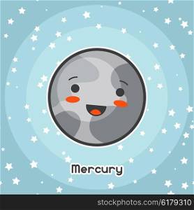 Kawaii space card. Doodle with pretty facial expression. Illustration of cartoon mercury in starry sky. Kawaii space card. Doodle with pretty facial expression. Illustration of cartoon mercury in starry sky.