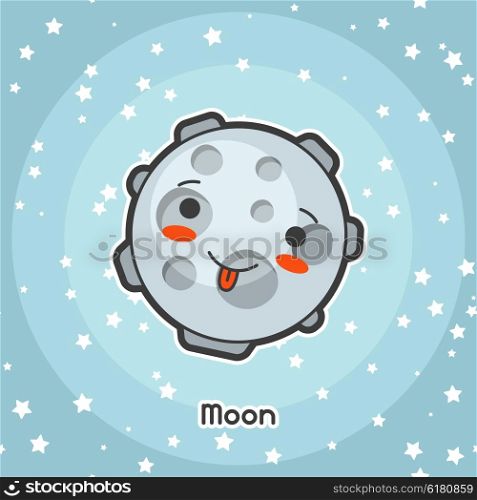 Kawaii space card. Doodle with pretty facial expression. Illustration of cartoon moon in starry sky. Kawaii space card. Doodle with pretty facial expression. Illustration of cartoon moon in starry sky.