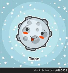 Kawaii space card. Doodle with pretty facial expression. Illustration of cartoon moon in starry sky. Kawaii space card. Doodle with pretty facial expression. Illustration of cartoon moon in starry sky.
