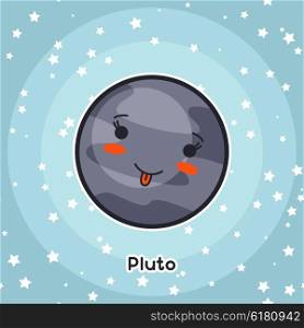 Kawaii space card. Doodle with pretty facial expression. Illustration of cartoon pluto in starry sky. Kawaii space card. Doodle with pretty facial expression. Illustration of cartoon pluto in starry sky.