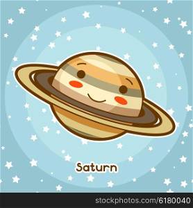 Kawaii space card. Doodle with pretty facial expression. Illustration of cartoon saturn in starry sky. Kawaii space card. Doodle with pretty facial expression. Illustration of cartoon saturn in starry sky.