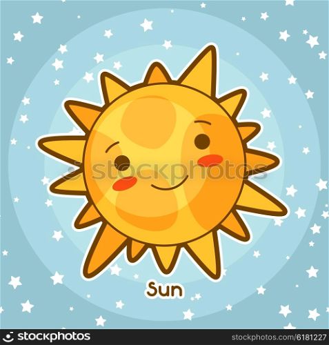 Kawaii space card. Doodle with pretty facial expression. Illustration of cartoon sun in starry sky. Kawaii space card. Doodle with pretty facial expression. Illustration of cartoon sun in starry sky.