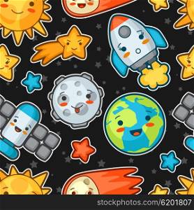 Kawaii space seamless pattern. Doodles with pretty facial expression. Illustration of cartoon sun, earth, moon, rocket and celestial bodies.
