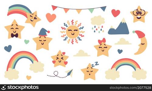 Kawaii star. Cartoon comic sky characters with cute emotional faces. Clouds and rainbows. Isolated funny crescent and sun for children illustration. Paper plane and maintain. Vector baby elements set. Kawaii star. Cartoon comic sky characters with cute emotional faces. Clouds and rainbows. Funny crescent and sun for children illustration. Paper plane and maintain. Vector elements set