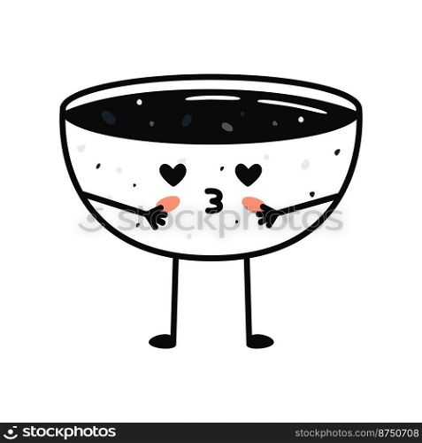 Kawaii sushi mascot in cartoon sty≤. Cute soy sauce bowl for menu. Flat asian food illustration