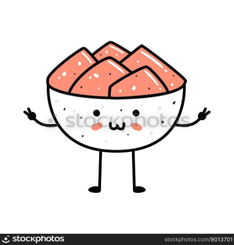 Kawaii sushi mascot in cartoon style. Cute ginger bowl for menu. Flat asian food illustration