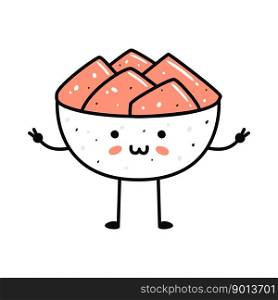 Kawaii sushi mascot in cartoon style. Cute ginger bowl for menu. Flat asian food illustration