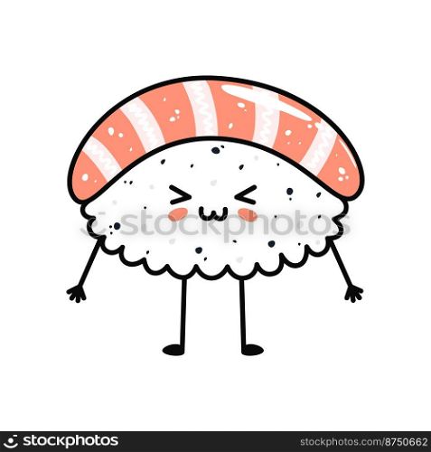 Kawaii sushi mascot in cartoon style. Cute nigiri with salmon for menu. Flat asian food illustration