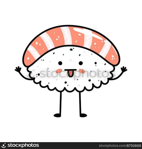 Kawaii sushi mascot in cartoon style. Cute nigiri with salmon for menu. Flat asian food illustration