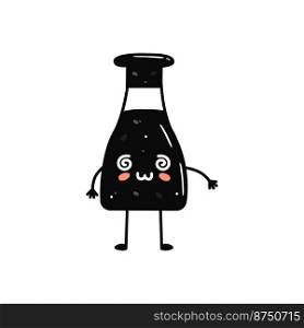 Kawaii sushi mascot in cartoon style. Cute soy sauce bottle for menu. Flat asian food illustration