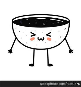 Kawaii sushi mascot in cartoon style. Cute soy sauce bowl for menu. Flat asian food illustration