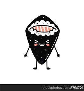 Kawaii sushi mascot in cartoon style. Cute temaki with salmon for menu. Flat asian food illustration