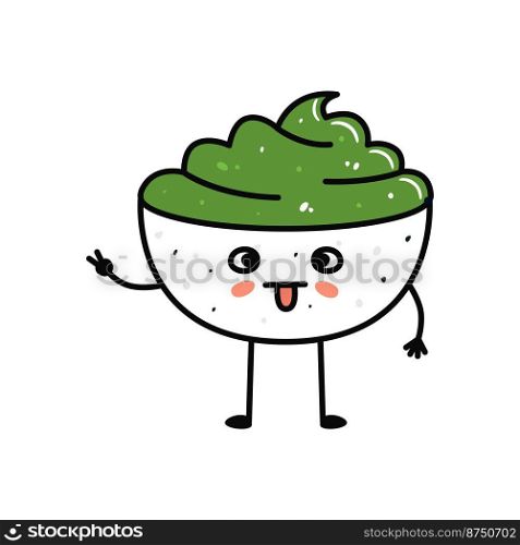 Kawaii sushi mascot in cartoon style. Cute wasabi bowl for menu. Flat asian food illustration