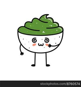 Kawaii sushi mascot in cartoon style. Cute wasabi bowl for menu. Flat asian food illustration