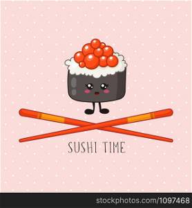 Kawaii sushi, roll and chopsticks - logo or banner on colored background, traditional Japanese or Asian cuisine and food, illustration for social networks for restaurant, bar, cartoon emoji, manga style - vector. kawaii sushi set