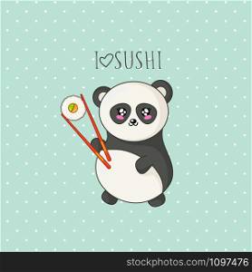 Kawaii sushi, roll and cute panda - logo or banner on colored background, traditional Japanese or Asian cuisine and food, illustration for social networks for restaurant, bar, cartoon emoji, manga style - vector. kawaii sushi set